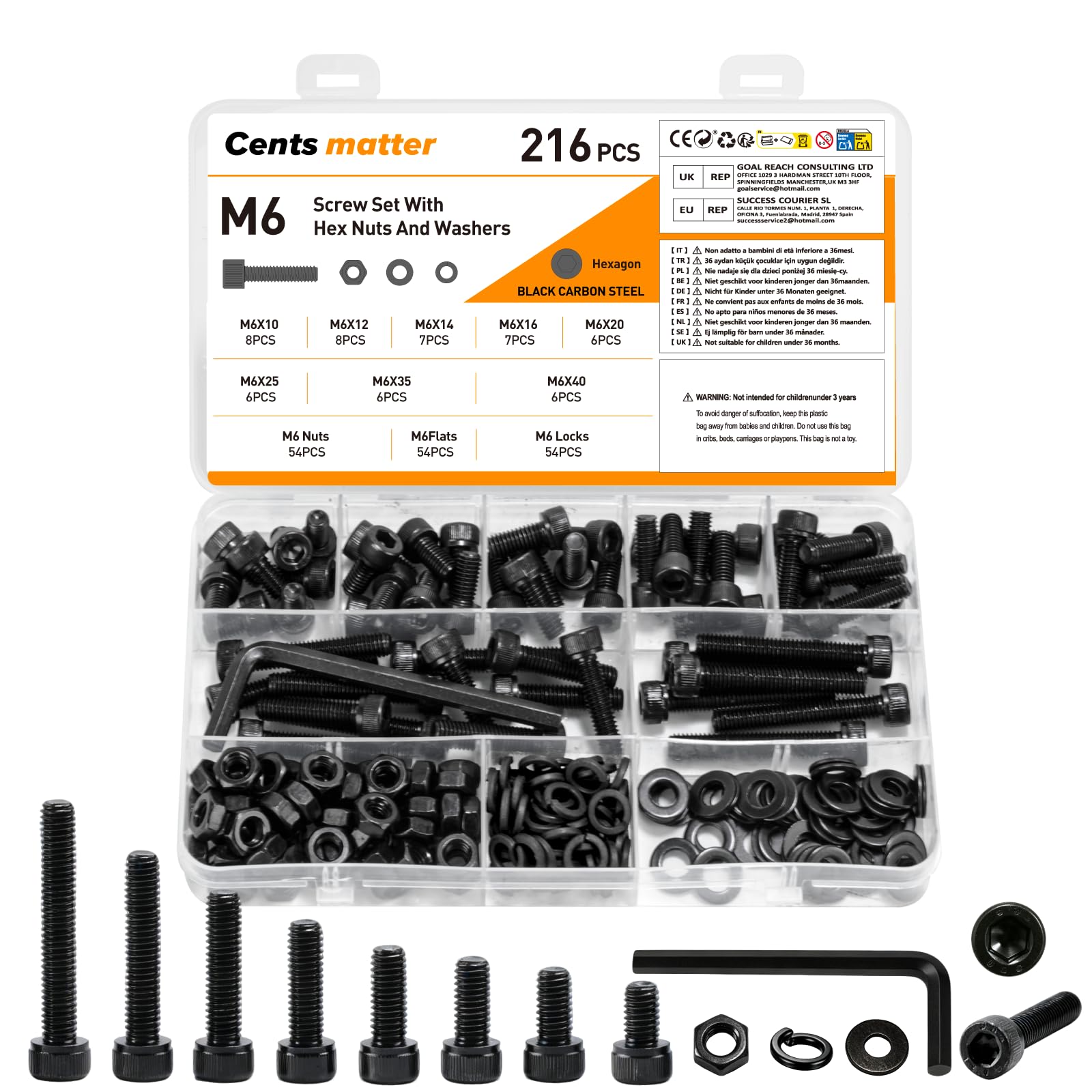 216 Pcs M6 Screws Set, Assorted Nuts and Bolts Set, Hex Socket Head Cap Screws Bolts and Nuts Sets, Black Hex Socket Cap Head Machine Screw Assortment with Lock & Flat Washers for