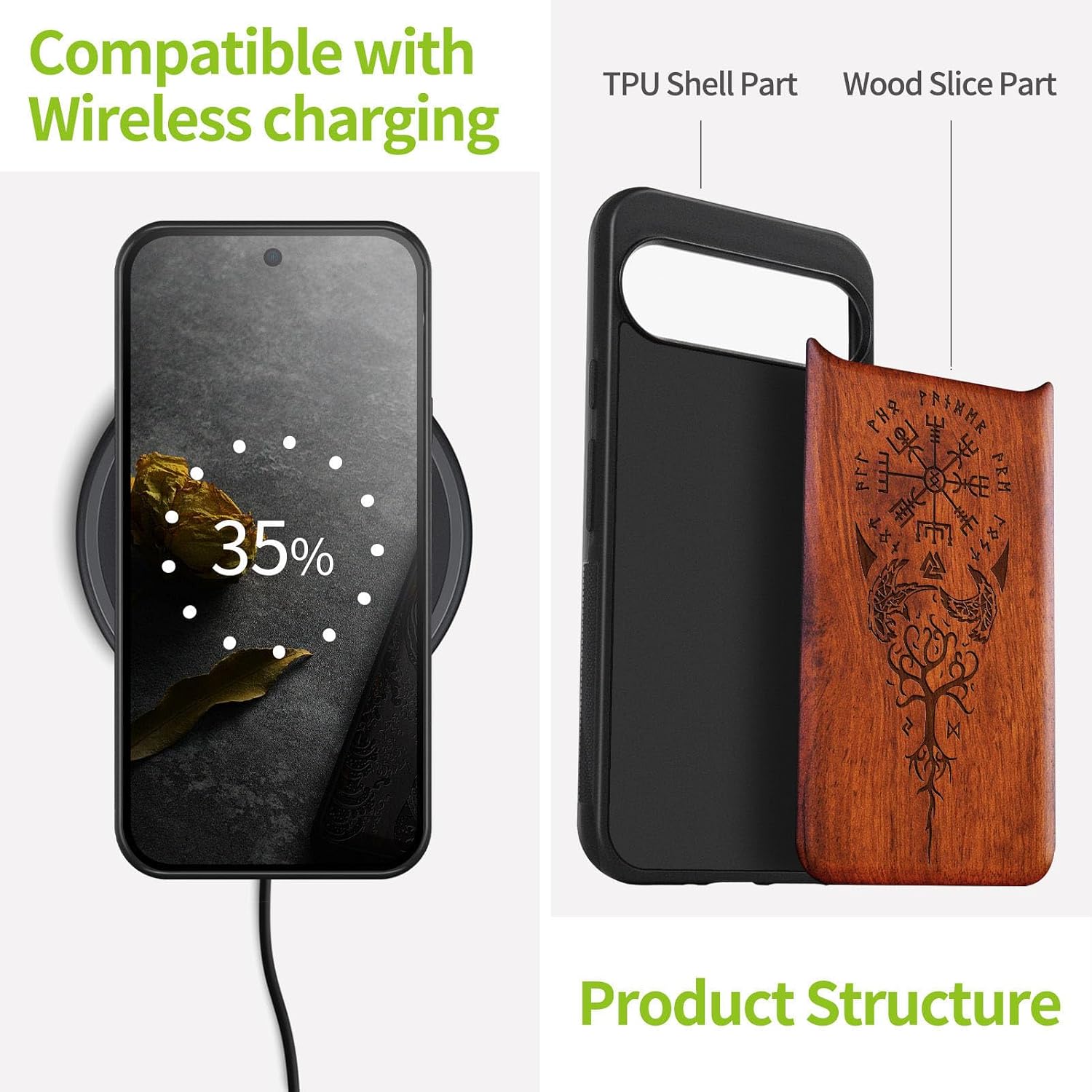 Carveit Wood Case for Pixel 9 Case [Natural Wood & Black Soft TPU] Shockproof Protective Unique Wooden Cover Compatible with Google Pixel 9 (The Guiding Vegvisir-Rosy)