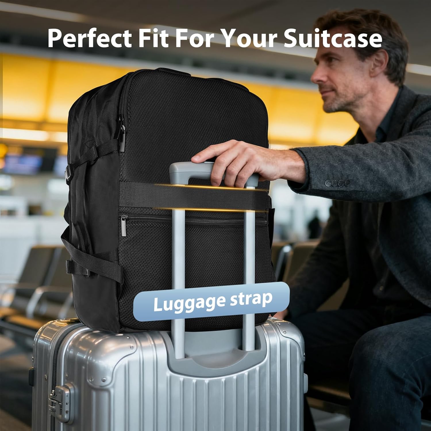 Fmeida Flight Approved Carry On Backpack Anti-Theft Travel Backpack for Men Fits 15.6" Laptop - 30L Large Personal Item Bag Underseat Airplane Approved Weekender Bag, Black