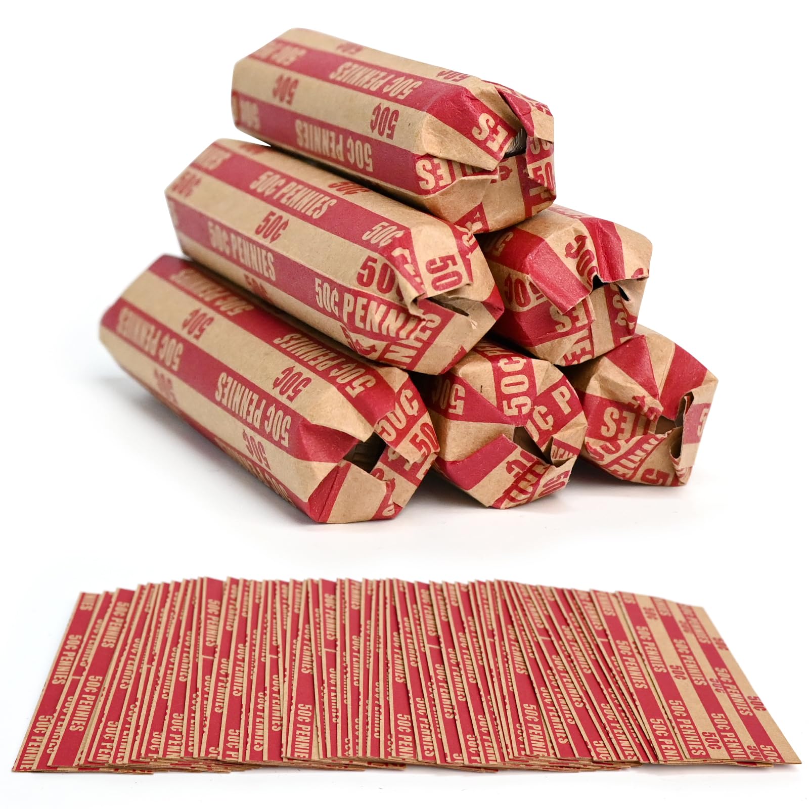 L LIKED 105 PCS Striped Flat Coin Wrappers Pennies Rolls Only, Red (105 PCS - Pennies)