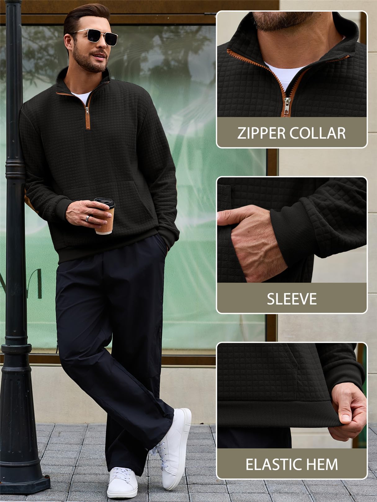 Męska bluza bez kaptura stójka 1/4 zapinana na zamek błyskawiczny z kieszenią kangurka