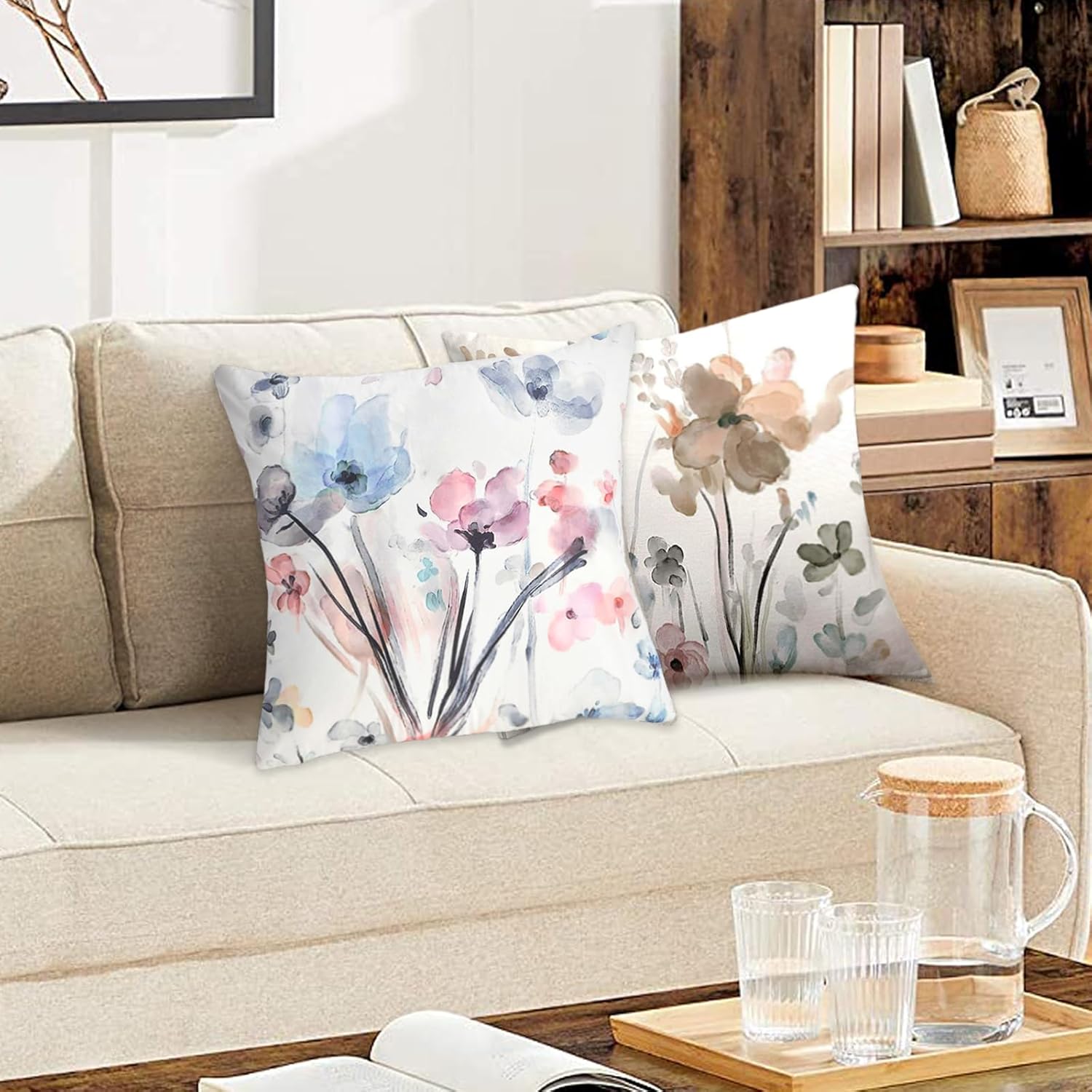 Dixutzi Flower Throw Pillow Covers 18x18, Watercolor Teal Brown Cream Grey Floral Pillow Cushion Cases, Abstract Modern Pillowcases Home Decor for Sofa Couch Living Room Bedroom Car, Set of 2 - Image 6