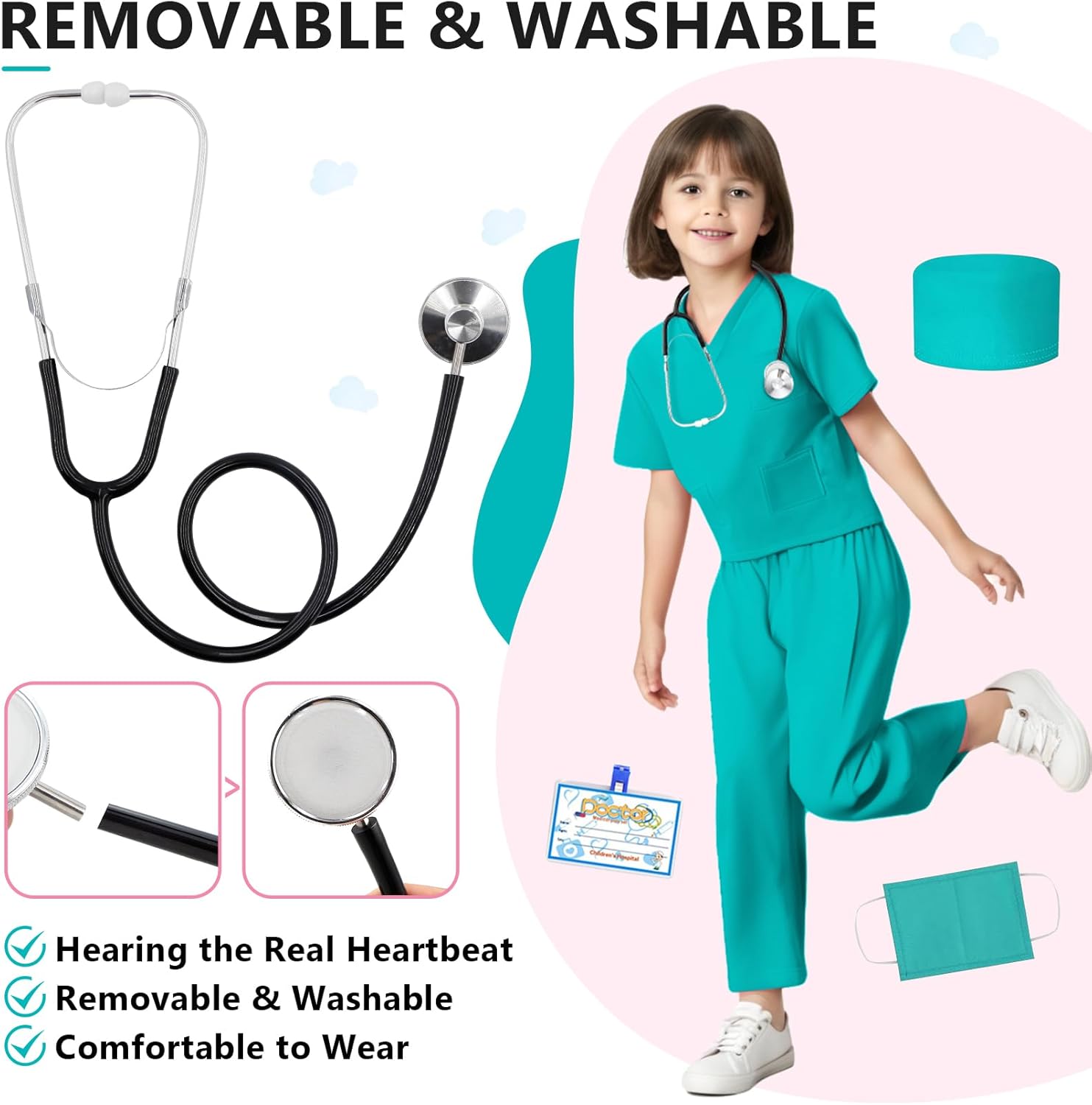 Kids Doctor Scrub Costume,Halloween Cosplay Dress up,Nurse Scrub Set Gift for Boys and Girls 3-12Years Old 6PCS - Image 3