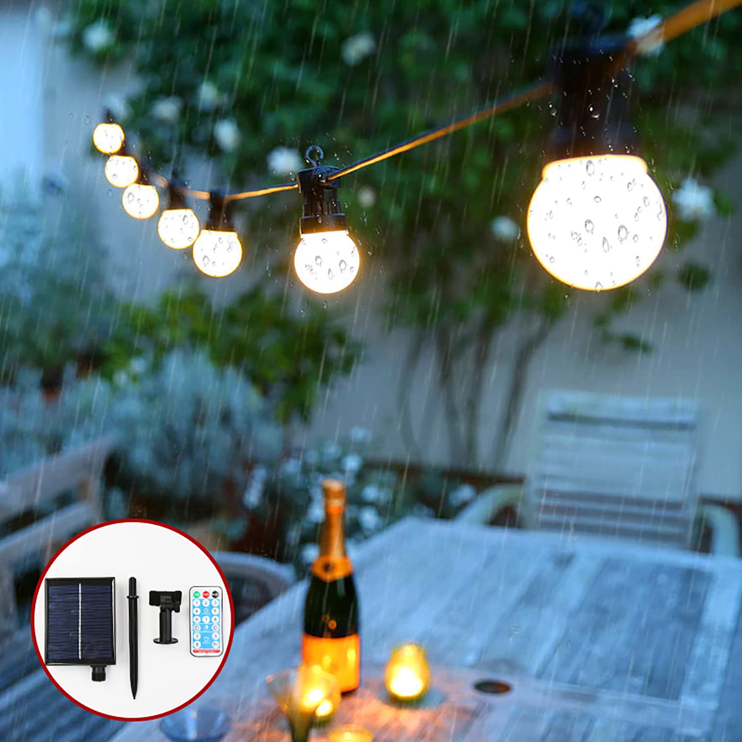 KINGCOO, catena di luci a energia solare, per esterni, impermeabile, 5 m, LED, luce bianca calda, 10 lampadine G50, 8 modalità, per interni, esterni, balcone, giardino, matrimonio, festa, Natale