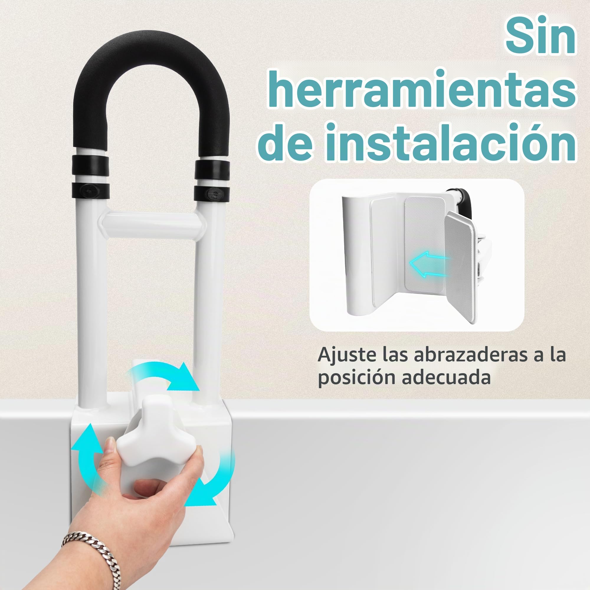 ITSOGOO Asa Bañera para Mayores Acolchada Regulable (Borde Liso ≥9 cm),Asidero Bañera Adultos Seguridad,Capacidad de Carga Hasta 136 kg,Apoyo Asa,Blanco Negro