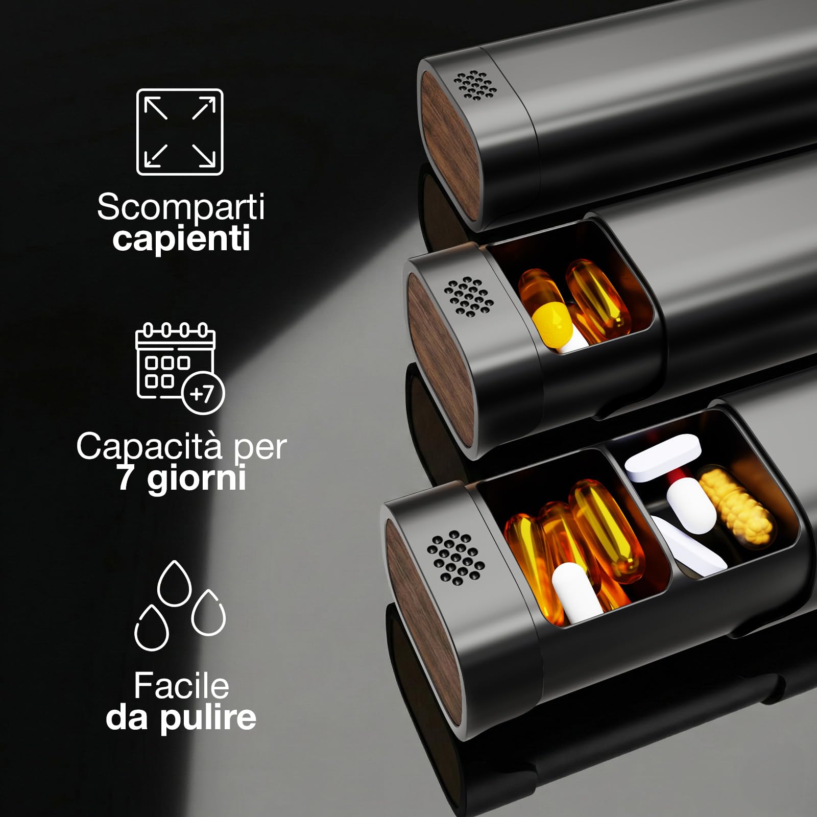 Pill Organizer Portapillole Settimanale in Alluminio Premium, 100 Metallo | Base in Legno, Grande Capacità e Design Elegante, Materiali Resistenti, Perfetto per Viaggio, Senza Plastica - Nero Completo