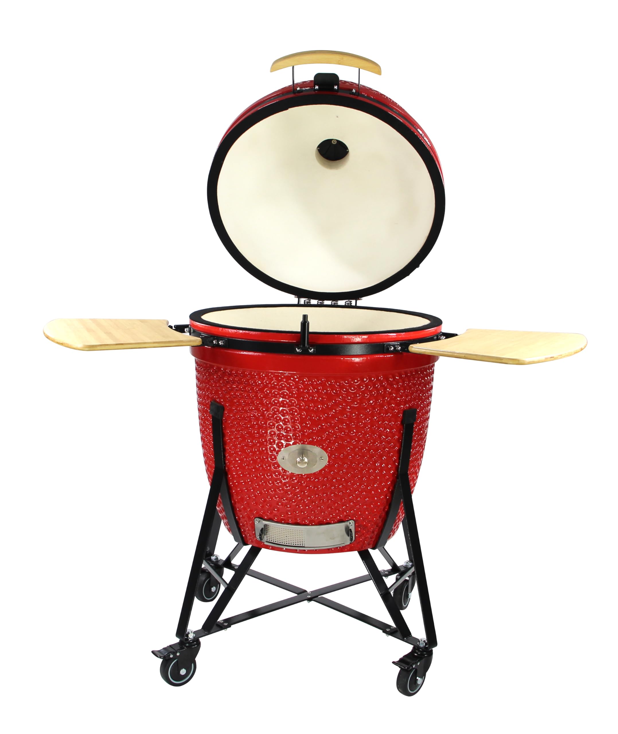YNNI 69.6 cm Czerwony XXL Chip Feeder Kamado Basic Piekarnik Grill Węglowy BBQ z wózkiem TQ0C27RE