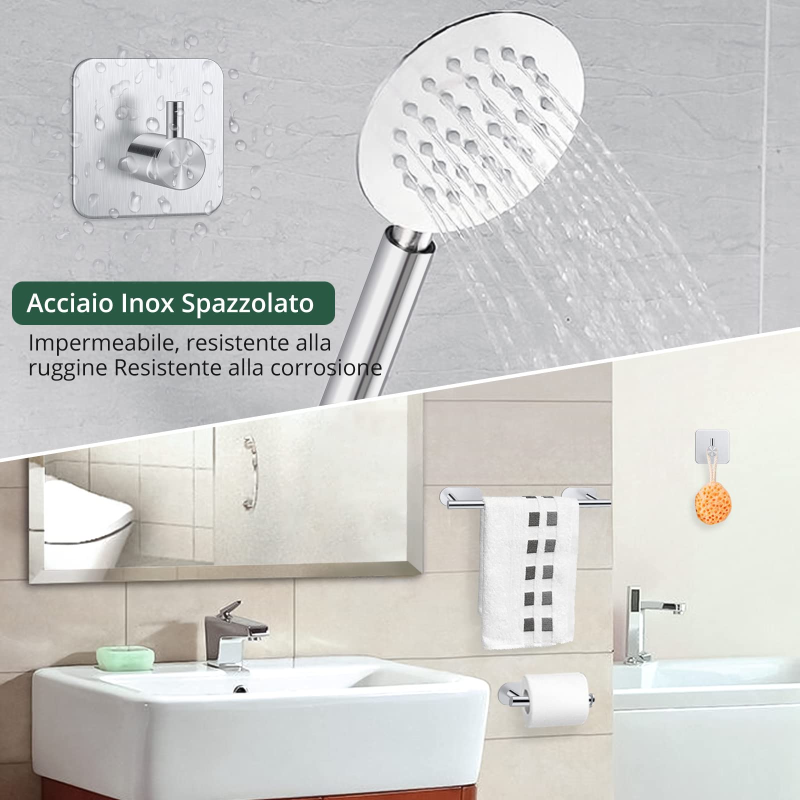 JiGiU Set Porta Asciugamani 5 Pezzi per Bagno, Cucina e Camera - Accessori in Acciaio Inox 304 con Porta Carta Igienica e 3 Ganci Adesivi, Design Moderno Senza Trapano (40cm, Grigio Spazzolato)