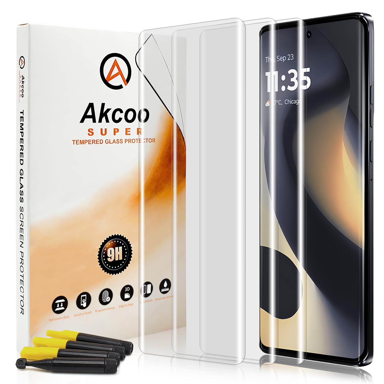 Akcoofor Motorola Edge 2024 Screen Protector, Tempered Glass UV Set - 3 Pack, Edge to Edge Full Coverage, 9H Hardness for Anti-Scratch, Sensitive Touch