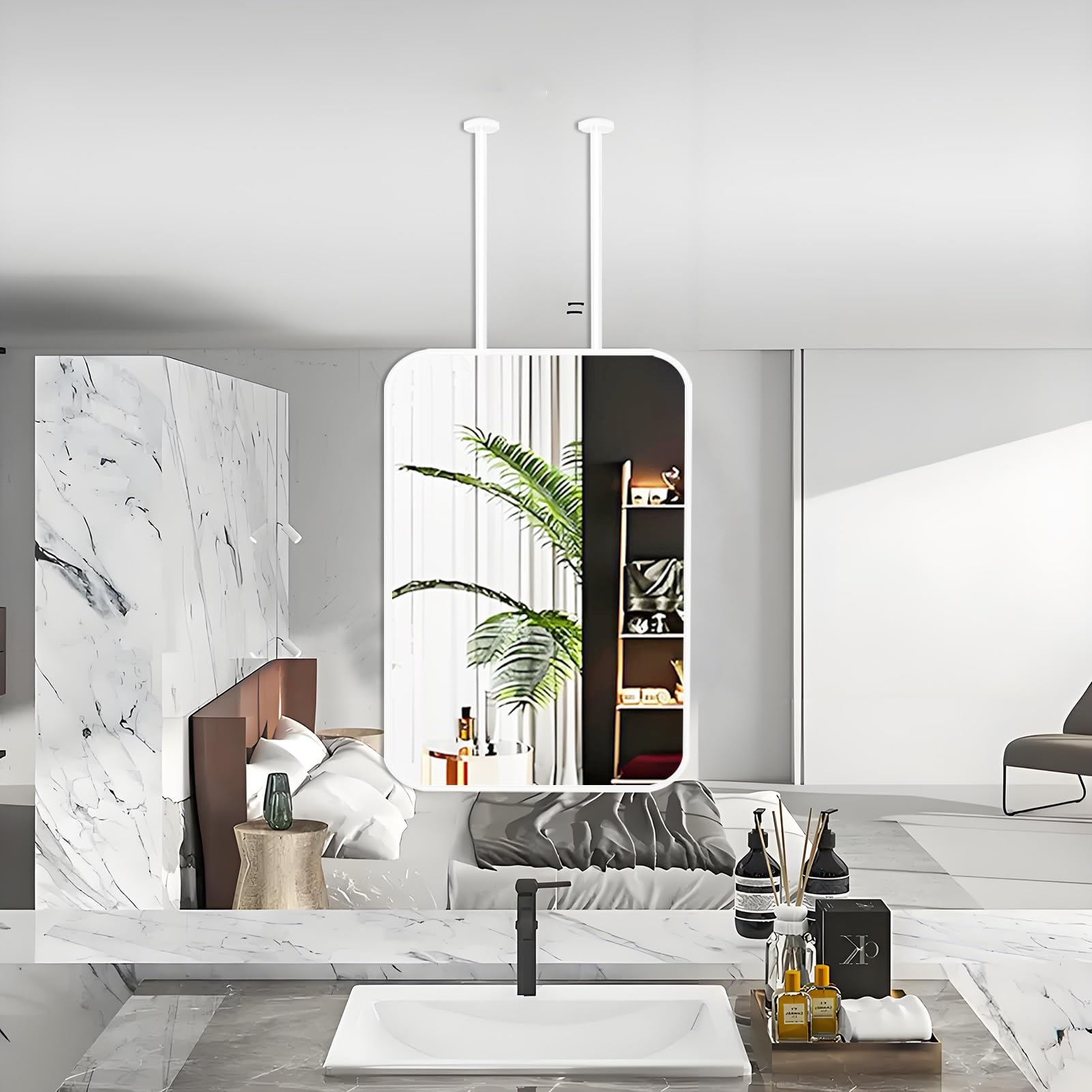 WJFTODAY Rectangular Mirror with White Metal Frame, Ceiling-Mounted Decorative Wall Mirror for Bathroom Vanity, Customizable Size (40cm x 70cm) - Stylish Home Décor