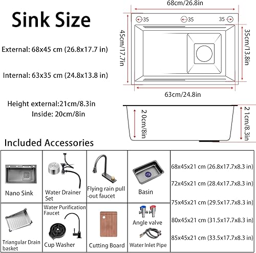 Miniatura 5 de Fregadero de cocina nano negro y gris 304 de acero inoxidable 304, fregadero de cocina con estación de trabajo de un solo tazón, fregadero de cocina