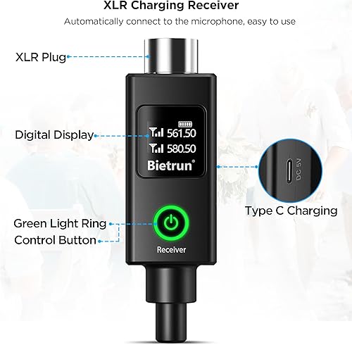 Miniatura 6 de Bietrun Micrófono inalámbrico XLR, UHF Dual Handheld Dynamic Metal Mic Set con receptor recargable, adaptador XLR a 14 pulgadas, para karaoke,