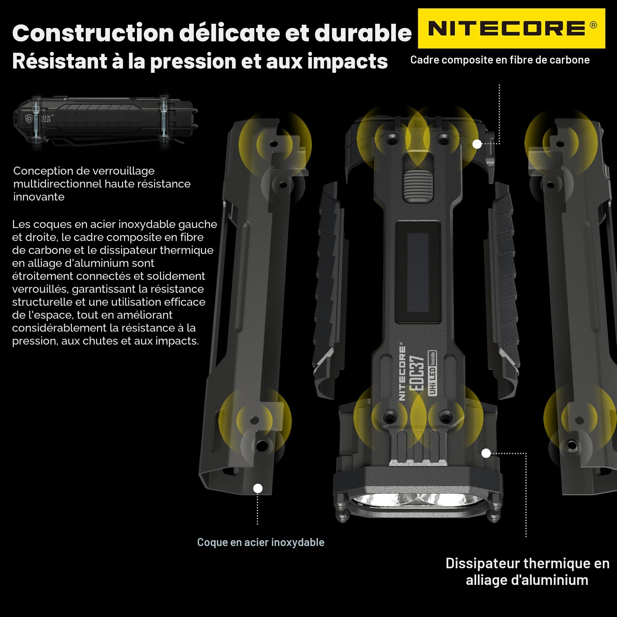 Nitecore EDC37 Lampe torche tactique EDC 8000 lumens avec porte-clés rétractable, Noir