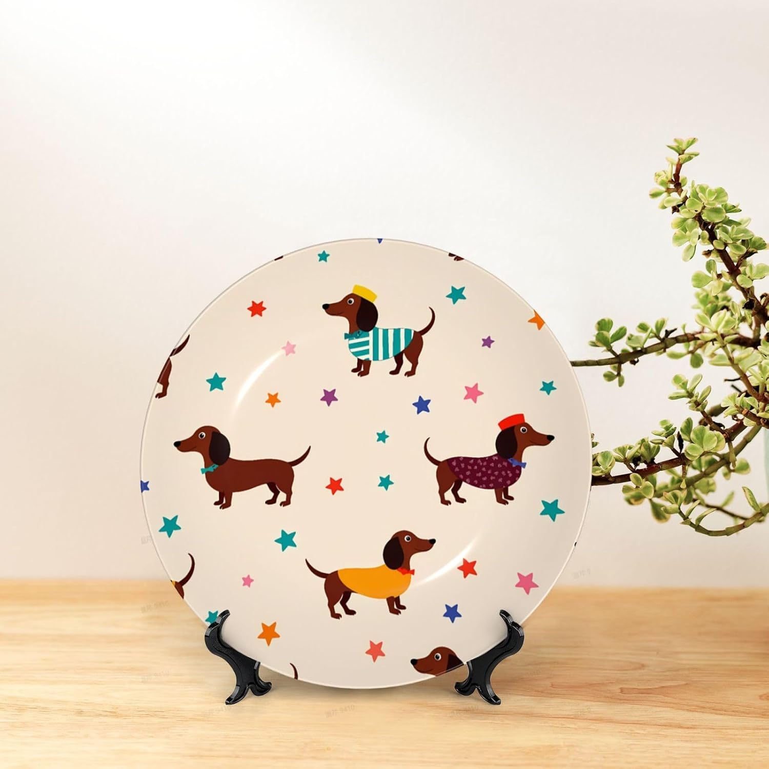 Cute Dachshund Pattern Style Ceramic Plate Display Decorative Plate With Stand Wall Hanging Plate For Home Decor 10 Inch