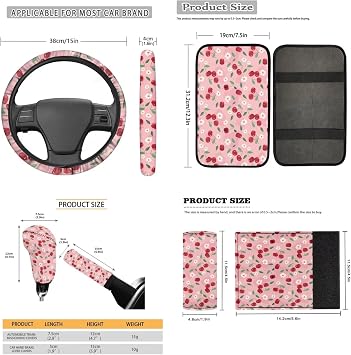 Universal Fit Cherry Daisy Seat Covers for Car,Car Coaster/15Inch Steering Wheel Cover/Seatbelt Pads/Auto Cup Mats/Armrest/Gear Shift Knob Handbreak Pads Accessory Pink