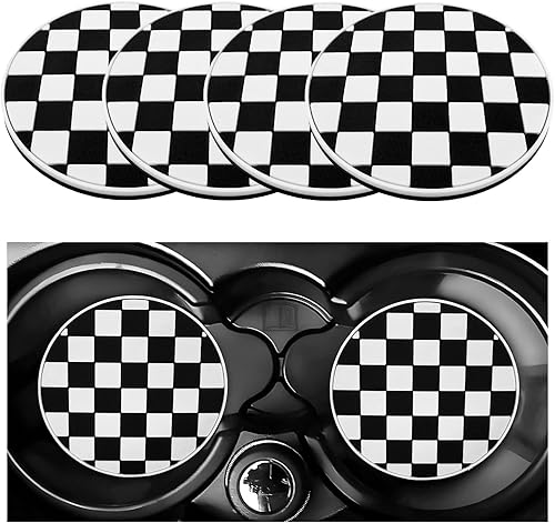 4 posavasos para automóvil, 2.76 pulgadas, antideslizantes, a cuadros, portavasos de vehículo, tapetes blancos y negros para consola delantera,
