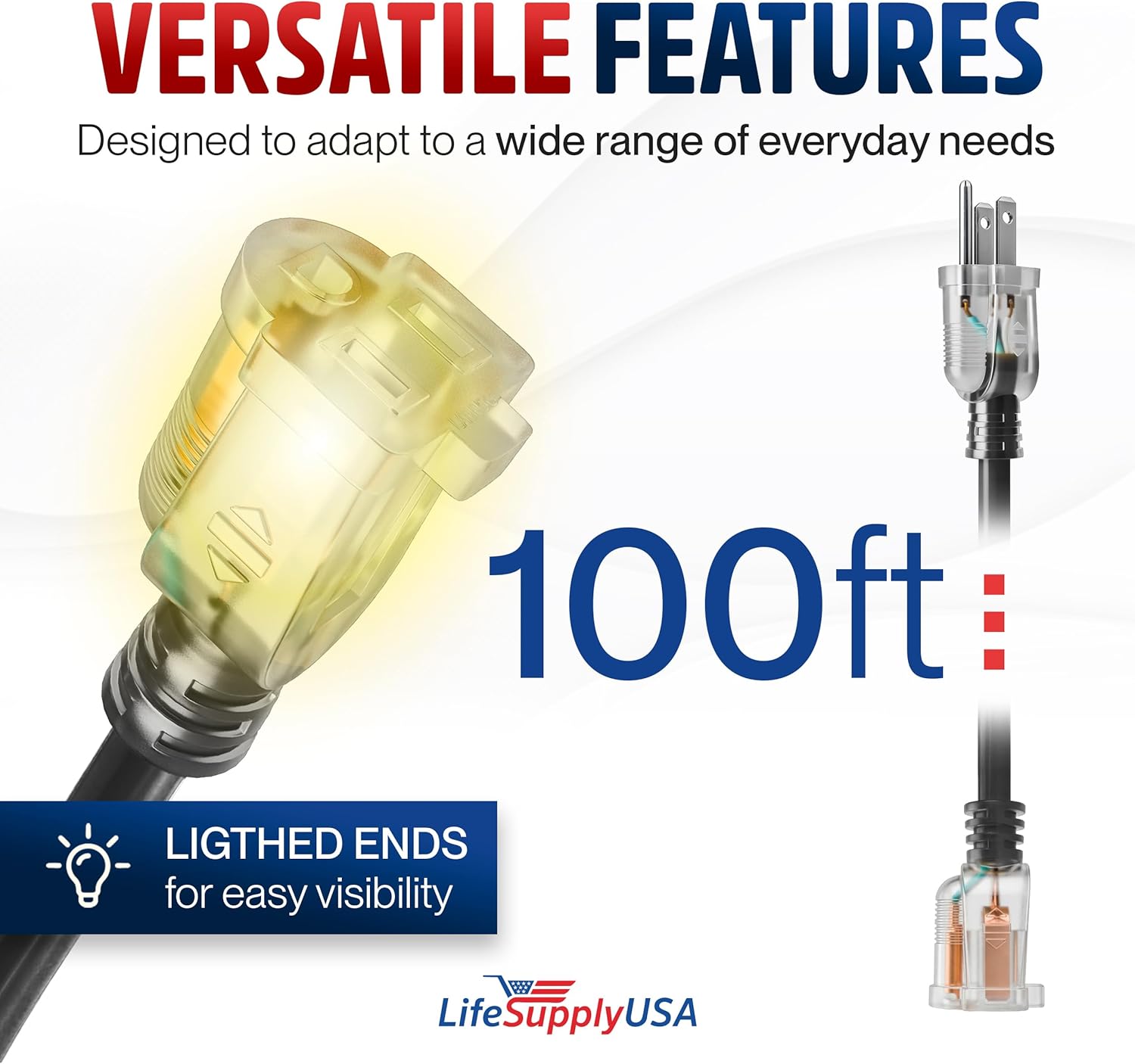 100ft Outdoor/Indoor Extension Cord 16/3 Gauge Heavy Duty 3 Prong SJTW, Waterproof, ETL Listed, Flexible Cold-Resistant Long Power Cord,10A 125V 1250W, Black by LifeSupplyUSA