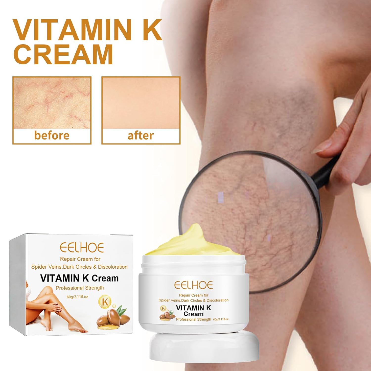 Massage Care Essence Cream 2.1 OZ Vitamin K Vein massage, relieve swelling Reduce eye puffiness Suitable for red, inflamed scars on legs, arms, nose and face