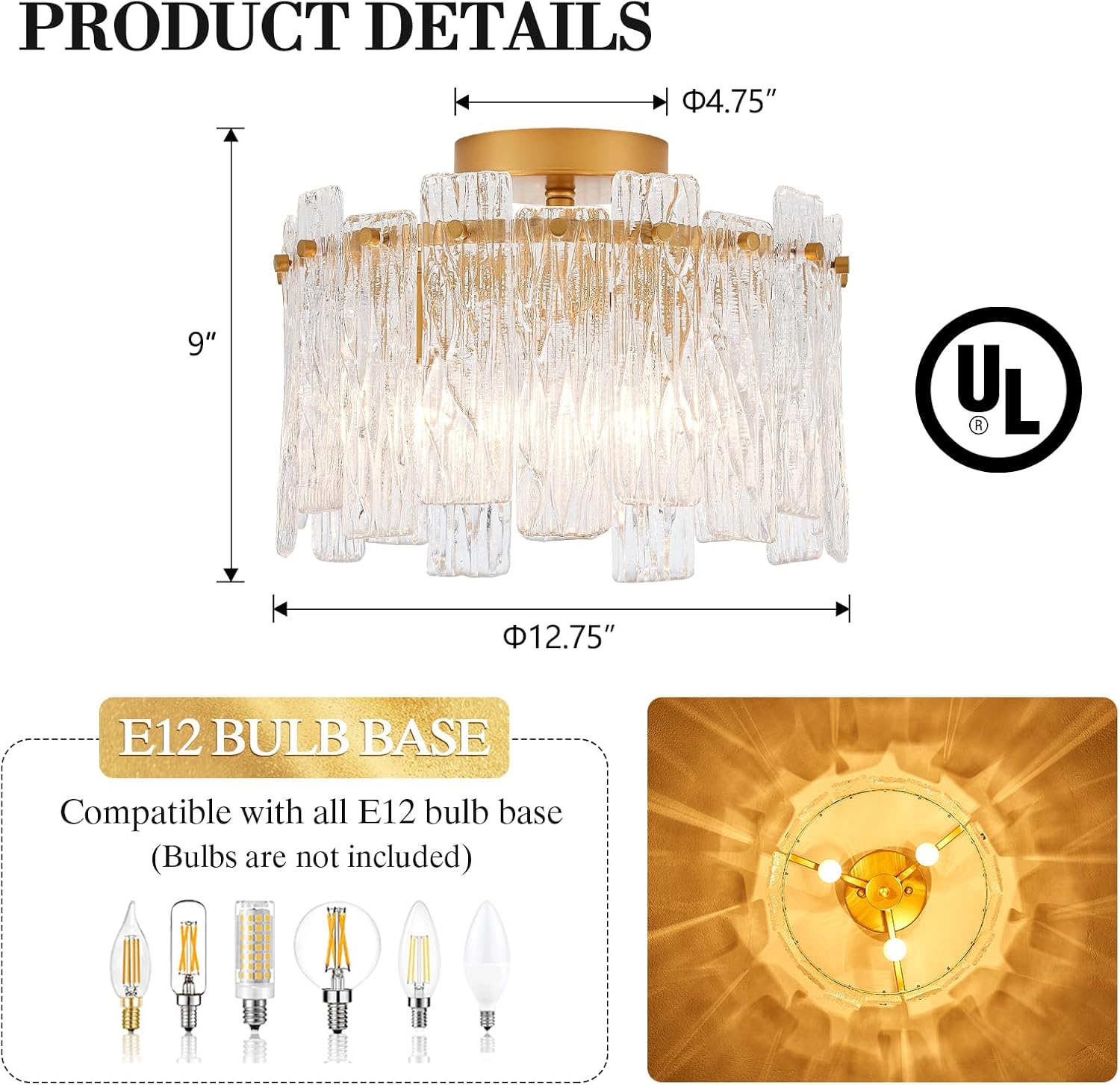 Modern Semi Flush Mount Ceiling Light 3-Light Gold Glass Chandelier Hallway Light Fixtures Ceiling Mount 12.75’’ Crystal Ceiling Lighting for Foyer Bedroom Entryway Kitchen