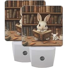 susiyo Little White Rabbit Bookstore Night Lights Plug into Wall 2 Pack Dusk to Dawn Sensor LED Lamp Night Light Decor for Adults Bedroom Corridor Kitchen, 0.5W