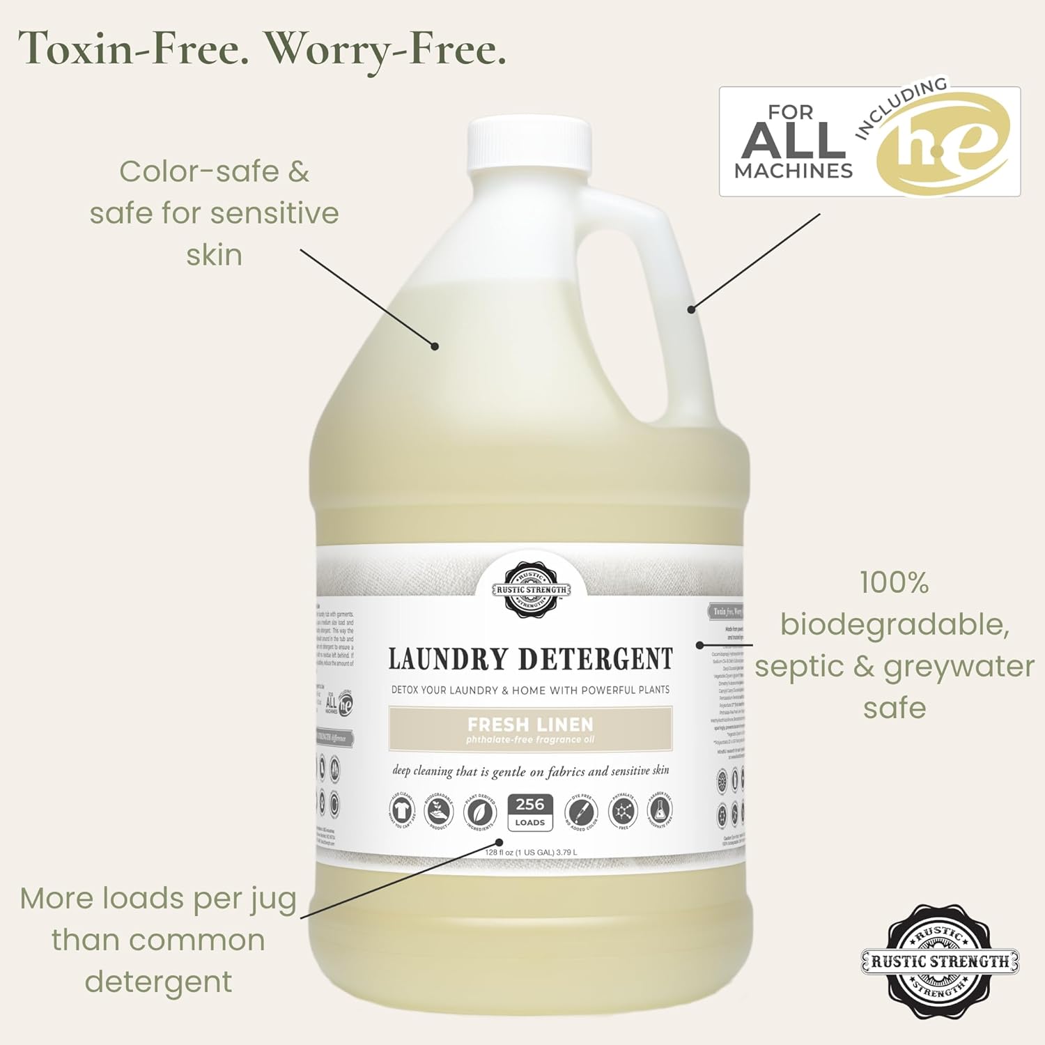 Rustic Strength Natural Laundry Detergent, Fresh Linen Scent, Liquid, Color Safe, Sensitive Skin, HE Compatible, 1 Gallon Plastic