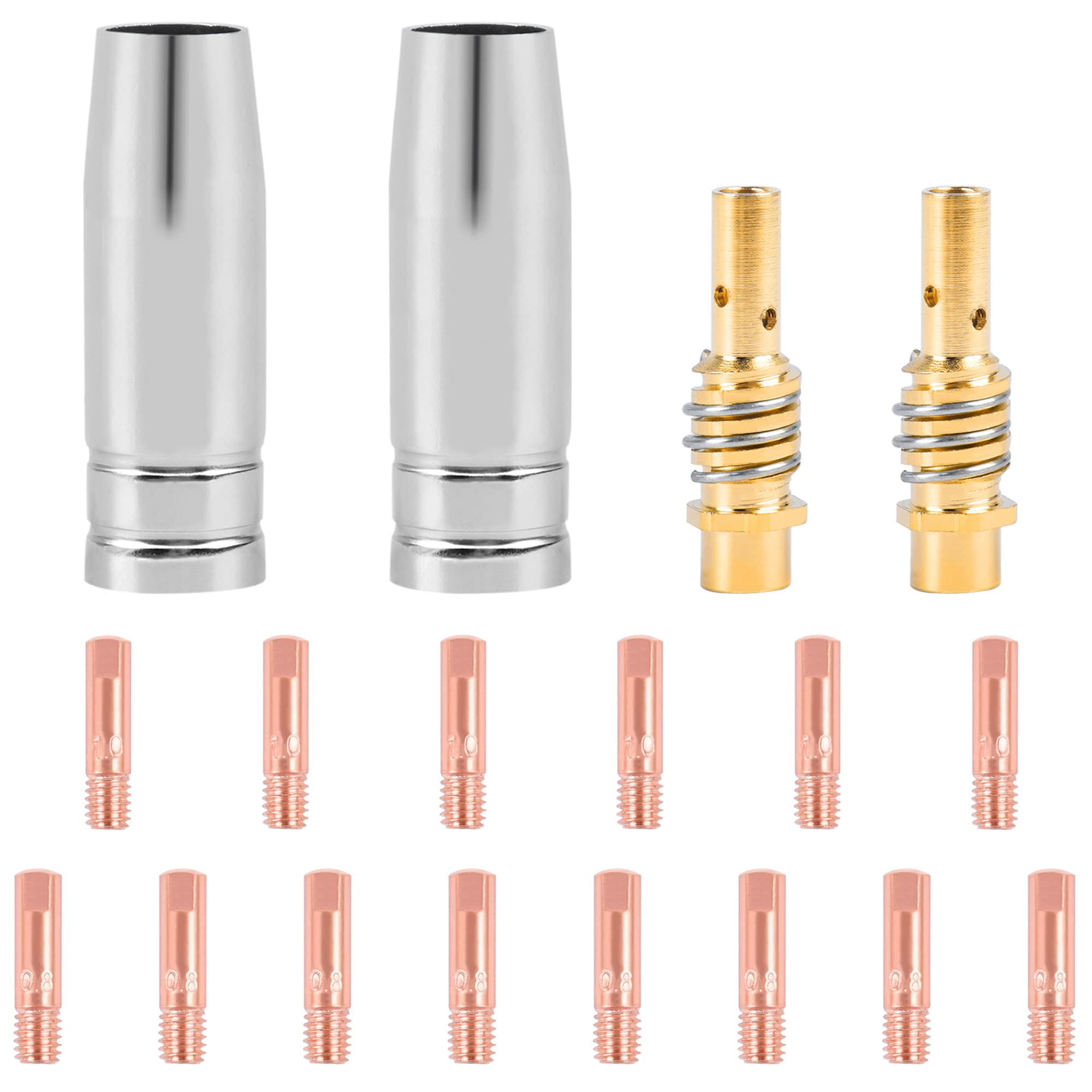 FBBULES 18-Piece Welding Accessories Wear Parts Set, 15AK MIG MAG Welding Machine Accessory Set, Welding Machine Replacement Parts, 2 x Gas Nozzles, 2 x Nozzle Sticks, 8 x Welding Nozzles 0.8 mm, 6 x