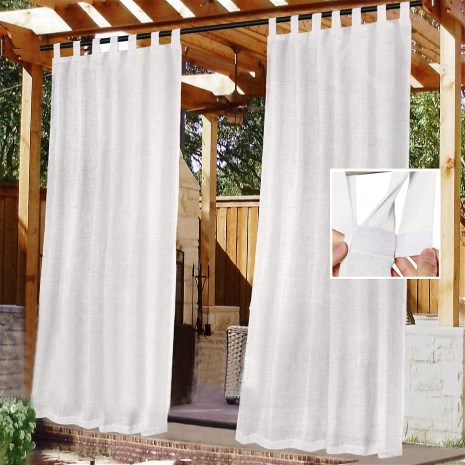 Outdoor Curtains Waterproof Removable with Adhesive Tab-Top for Easy Hanging and Unwinding 2pcs Linen Gauze Curtains for Arbor Patio Garden Porch (White,132x213cm-2PCS)