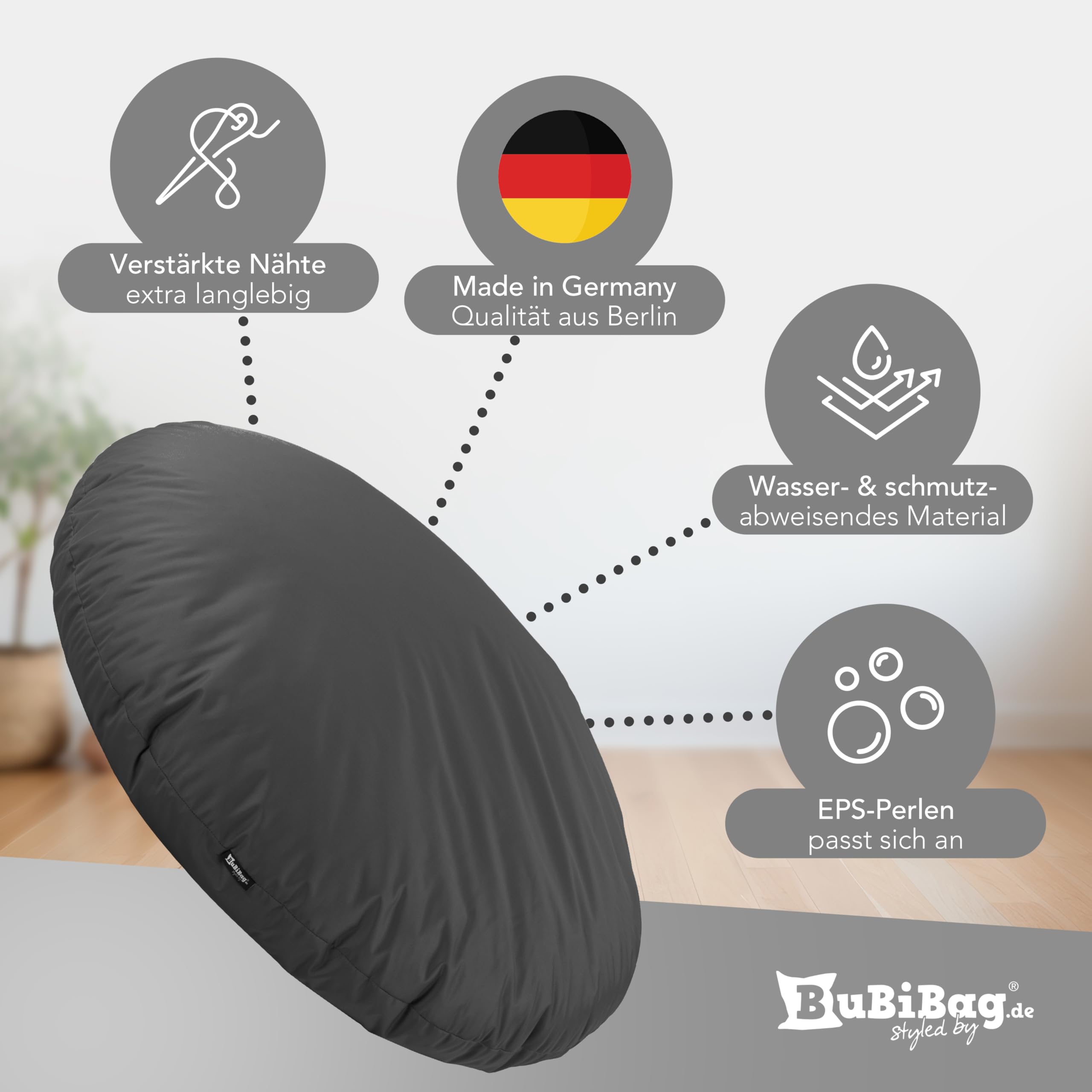 BuBiBag 2in1 Sitzsack L - XXL mit Füllung für Kinder & Erwachsene, Gaming Beanbag & Bodenkissen für Indoor & Outdoor Sessel Pflegeleicht & Wasserabweisend XL UNIVERSELL (Ø 130 cm Anthrazit)