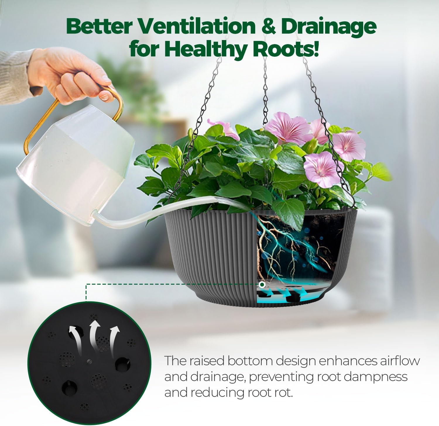 T4U 12 Inch Large Hanging Planters for Outdoor Plants, 2 Pack Self Watering Pots Indoor, Hanging Baskets for Plants,Hanging Flower Pot with Drainage Hole and Plant Hanger, Grey