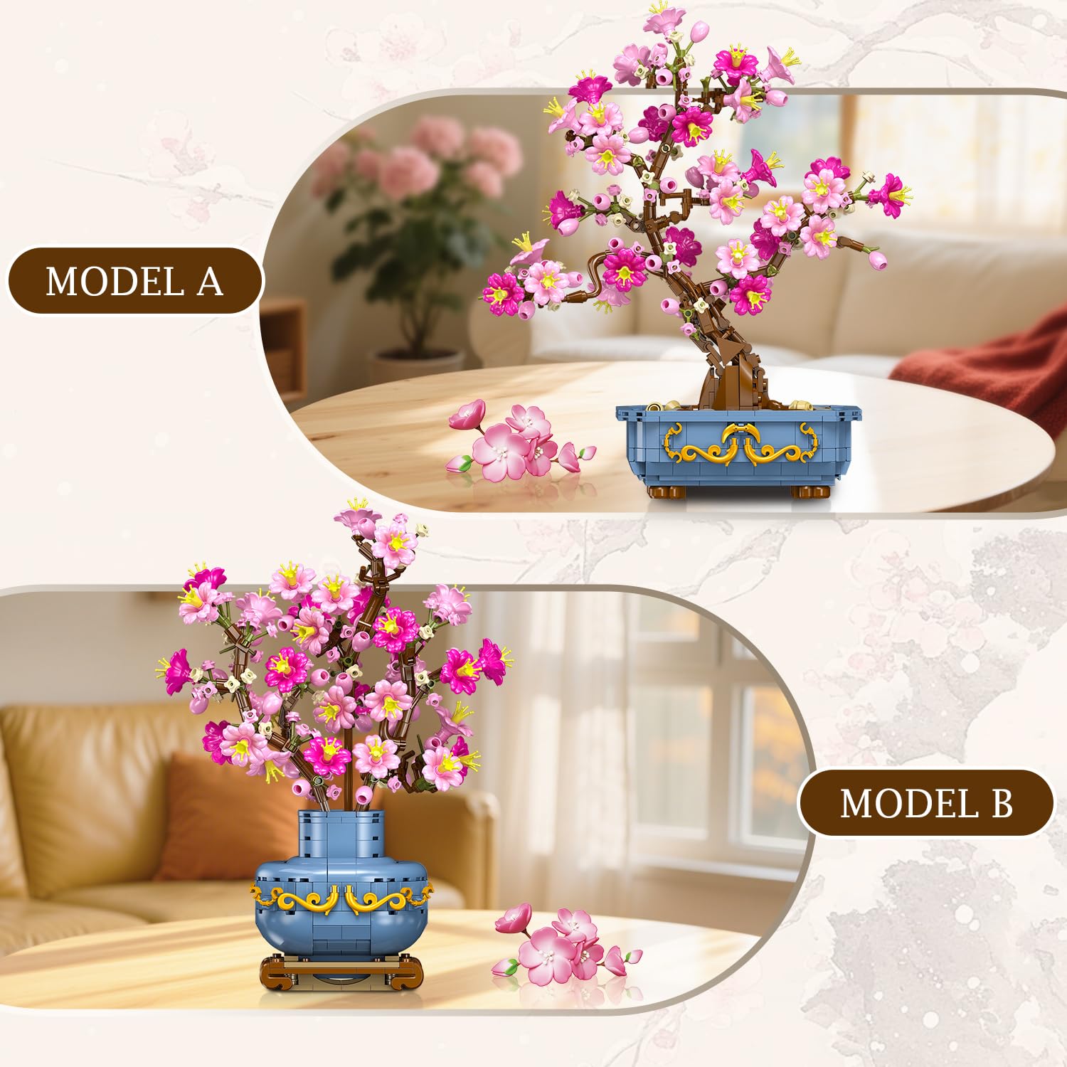 HOGOKIDS Set di bonsai con fiori di ciliegio, 2 in 1, pietre artificiali per bonsai per la casa, esposizione, fiori botanici, giocattolo da costruzione, regalo di compleanno per adulti (775 pezzi)