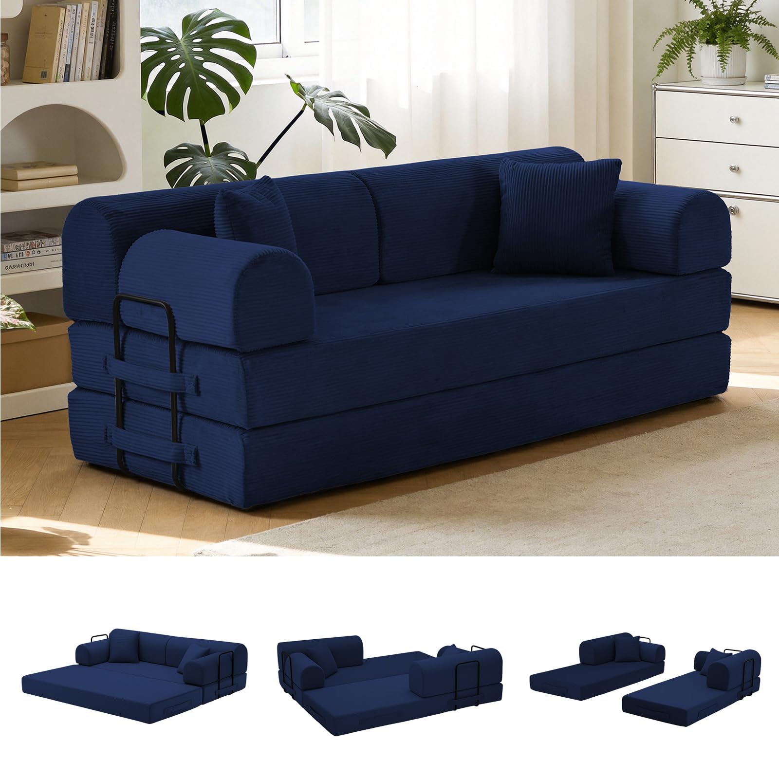 Kelviss 79'' Convertible Sofa Bed, 6 in 1 Folding Floor Futon Couch Sleeper with Fixed Frame, Corduroy Modular Sofa Bed with Removable Armrests & Pillows, No Assembly for Living Room Bedroom (Blue)