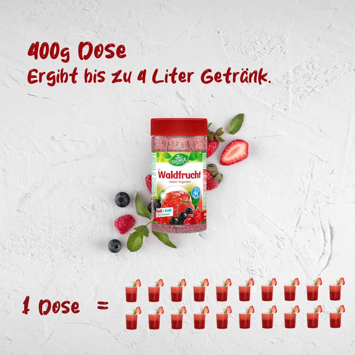 KING GEORGE - Waldfrucht napój herbaciany Instant 12 x 400 g, napój herbaciany z witaminą C – herbata na okruchy – napój w proszku, napój orzeźwiający i gasi pragnienie na lato