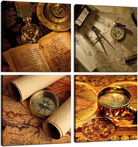 Lienzo decorativo para pared, pintura náutica, arte retro, moderno, estirado y enmarcado, listo para colgar, 4 piezas (16 x 16 pulgadas x 4 piezas)