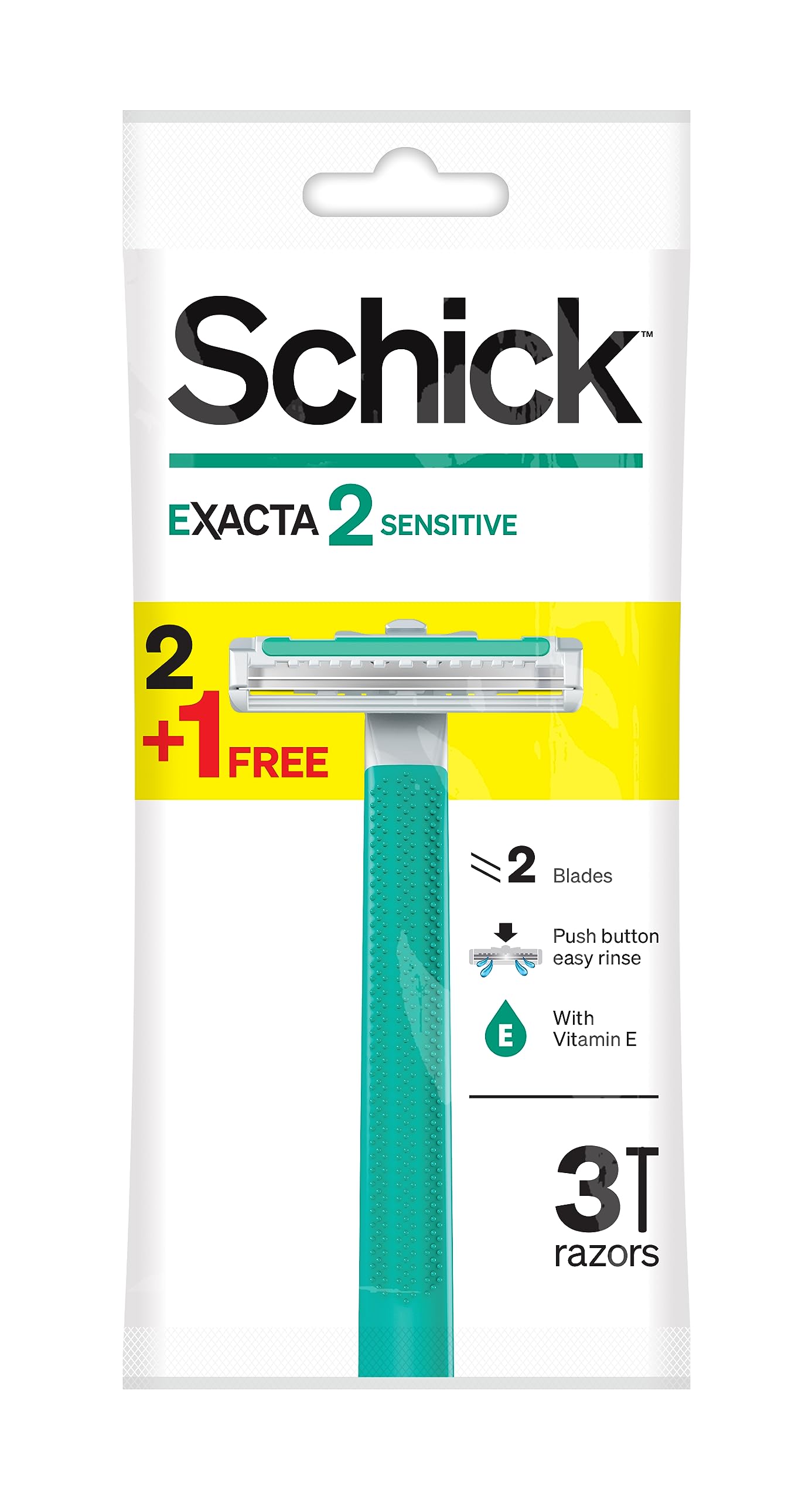 Exacta2 Sensitive Twin Blade Disposable Razor For Men-Strip Enriched With Vitamin E & Aloe-Vera-Close & Smooth Shave-Push Clean Button-Slim Head-Non Slip Comfortable Rubber Grip- 2+1 Razors