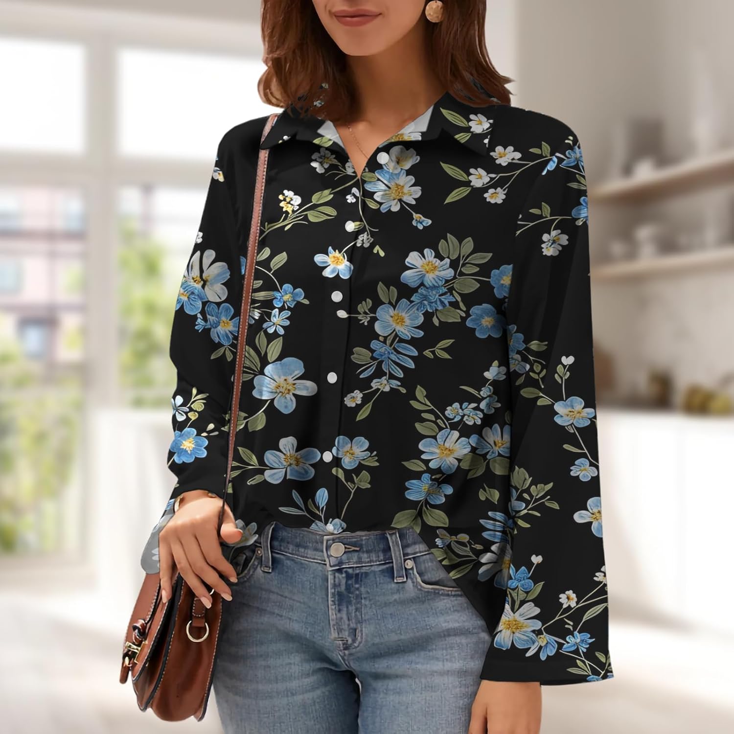 Oversized Button Down Shirts for Women Long Sleeve Plus Size Floral V Neck Bohemian Novelty Basic Vacation Tee - Image 2