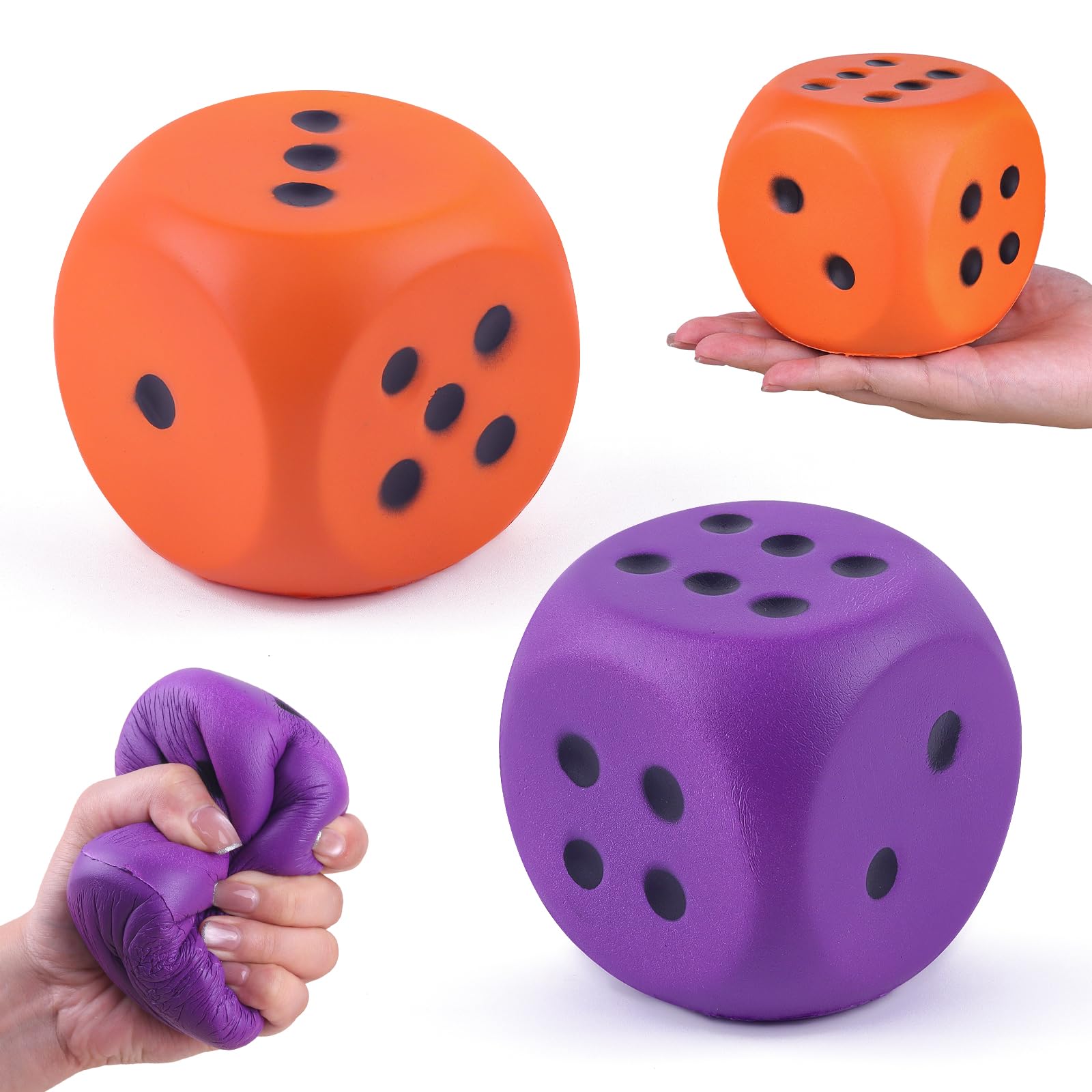 Anboor 2 Pcs Large Foam Dice for Adults Kids - 3.54" Jumbo Big Dice Giant Soft Fun, Colorful Dices for Game Nights & Classroom Activities (Orange & Purple)