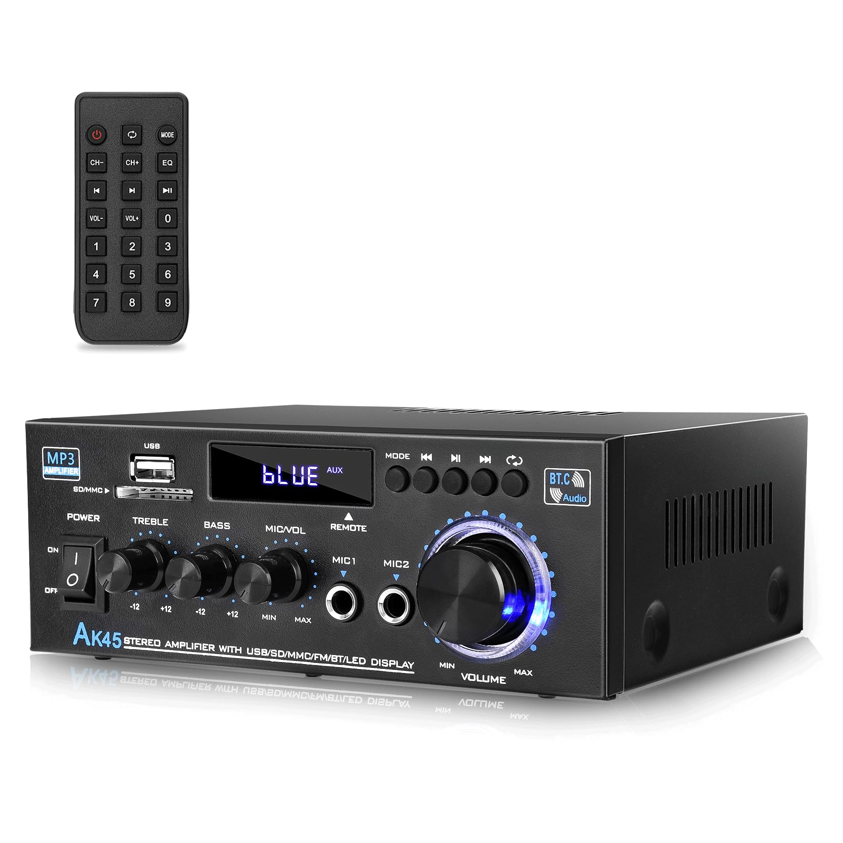 AK45 Amplifier Stereo Receiver Bluetooth 5.0 Power Amp 2 Channel 300W Home Audio Amplifier w/USB/SD Card/BT/Mic Input for Home/Garage/Ceiling/Passive Speaker Theater System