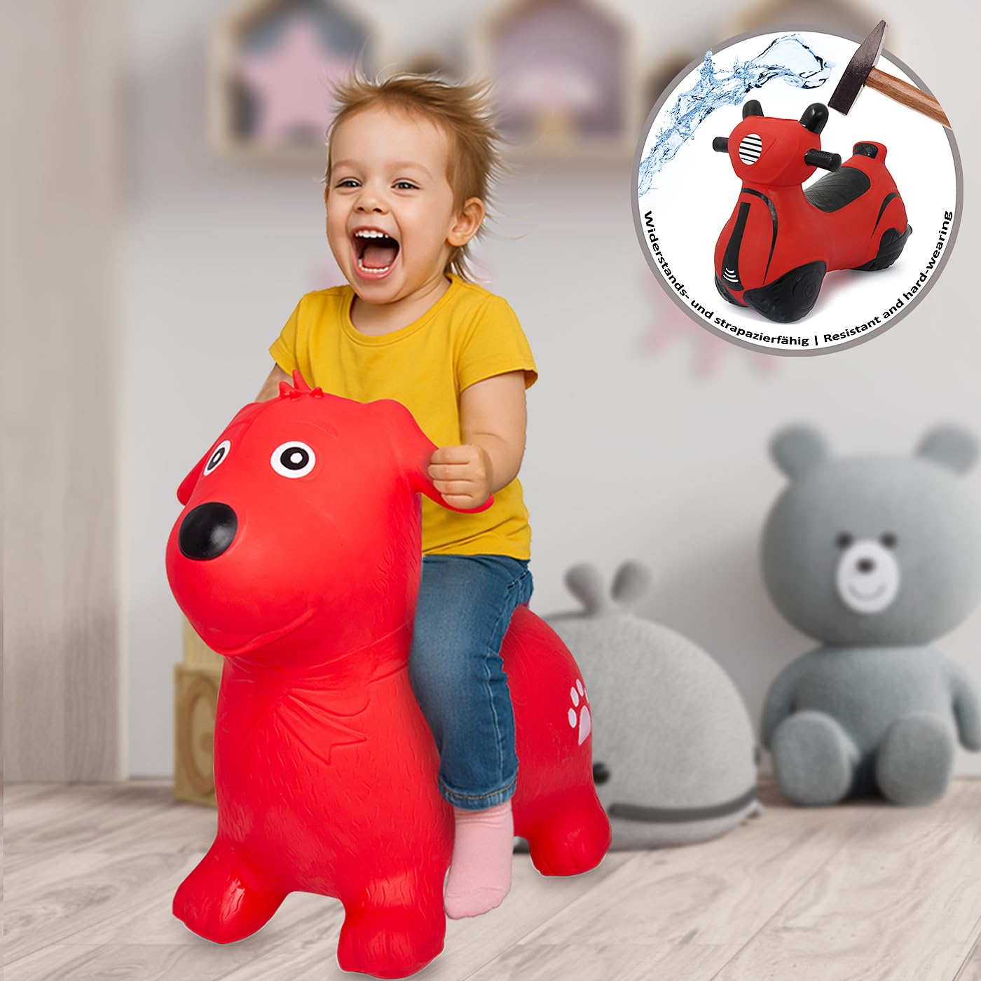 Jamara 460454 - Animal saltarín Perro Rojo con Bomba - Mejora el Equilibrio y Capacidad motora, Orejas como Soporte, Robusto y Resistente, Peso sostenible 50 Kg