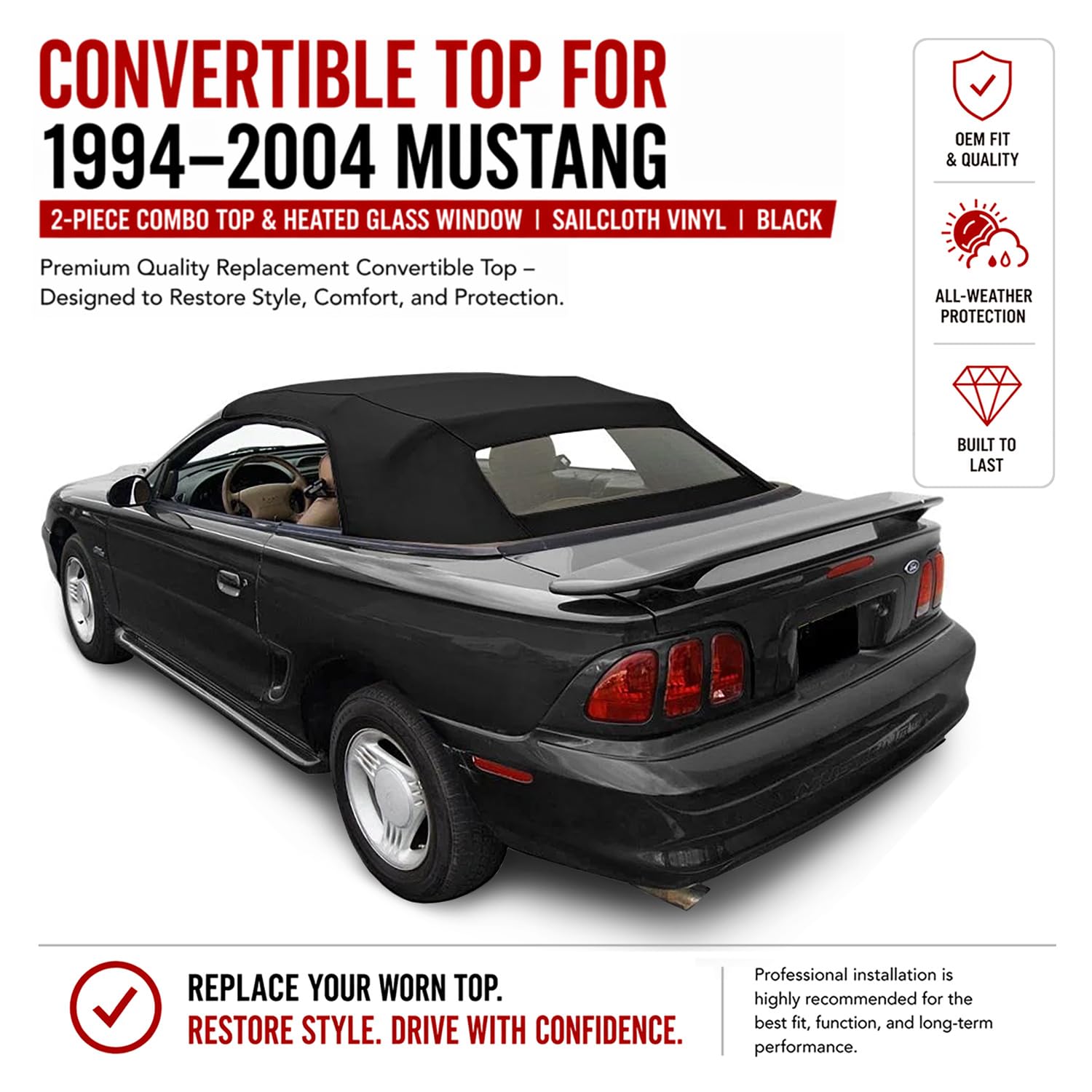 Convertible Soft Top Replacement for 19942004 Mustang Complete Convertible Top Combo With Heated Glass Rear Window Sailcloth Vinyl OEM Style Black product thumbnail 4