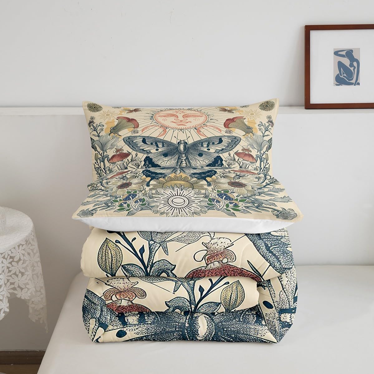 Erosebridal Hippie Butterfly Bedding Sets King Sun and Moon Comforter Set, Groovy Floral Down Comforter Sunflower Mushroom Bed Set, 60s 70s Vintage Flower Quilted Duvet, All Seeing Eyes Decor