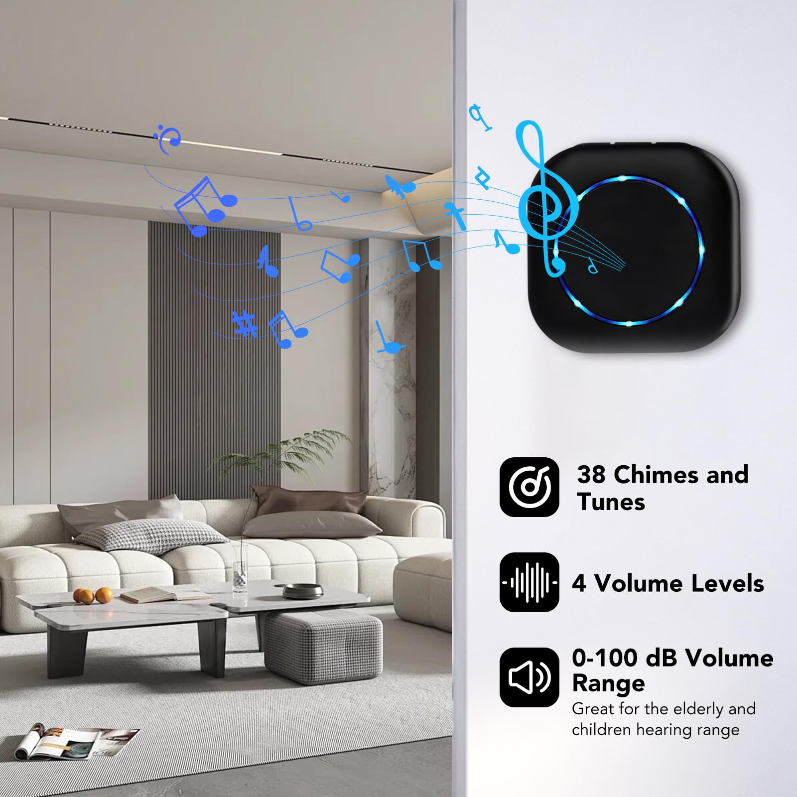 Sonnette Sans Fil Exterieur,200m Carillon Sans Fil Avec Pile,Doorbell 3 RéCepteur,38 MéLodies Et 4 Niveaux,Ring Doorbell,Carillon Sans Fil Pour Maison, HôTel, Urgence, Noir