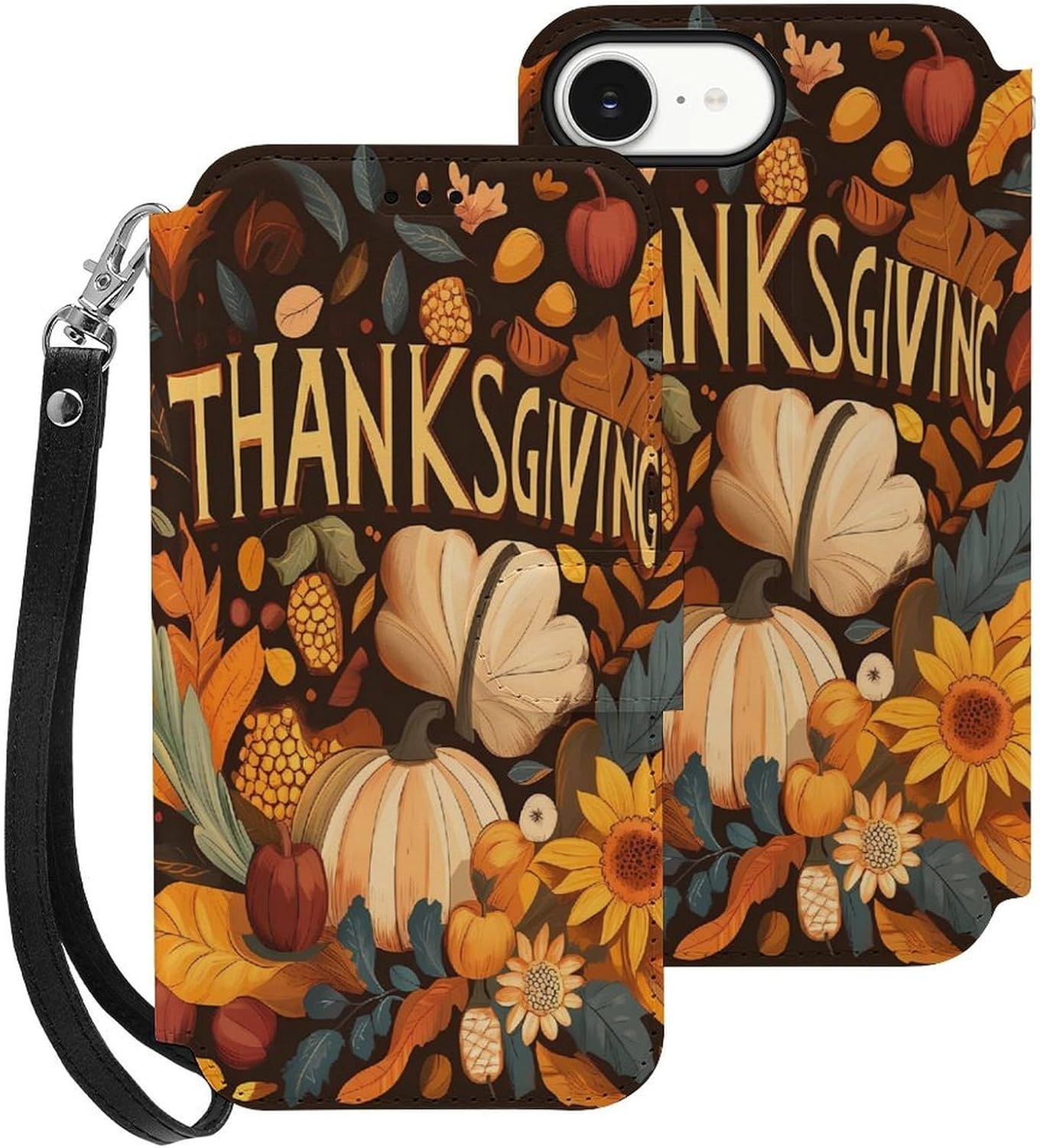 Thanksgiving Fall Farm Pumpkins Compatible with iPhone 16/16 Plus/16 Pro/16 Pro Max/16 E Case Phone Wallet Card Holder Flip Cover with Wrist Strap