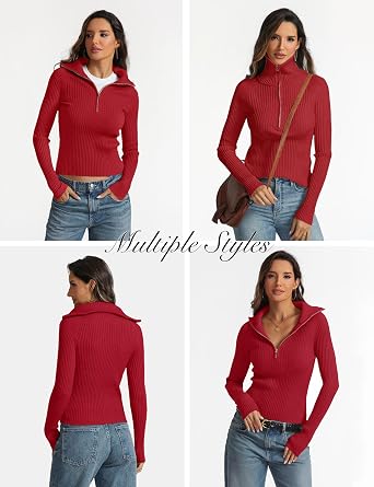Prettywear Womens Half Zip Collared Sweater Fitted Trendy Fall Tops 2026