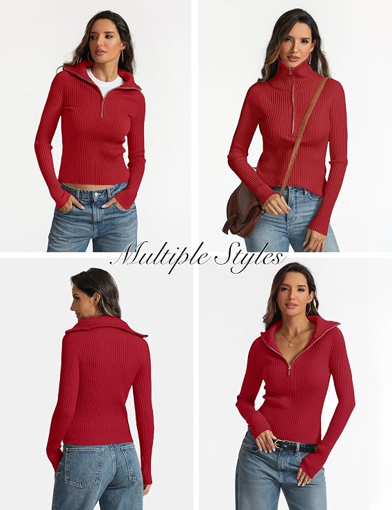 Prettywear Womens Half Zip Collared Sweater Fitted Trendy Fall Tops 2026