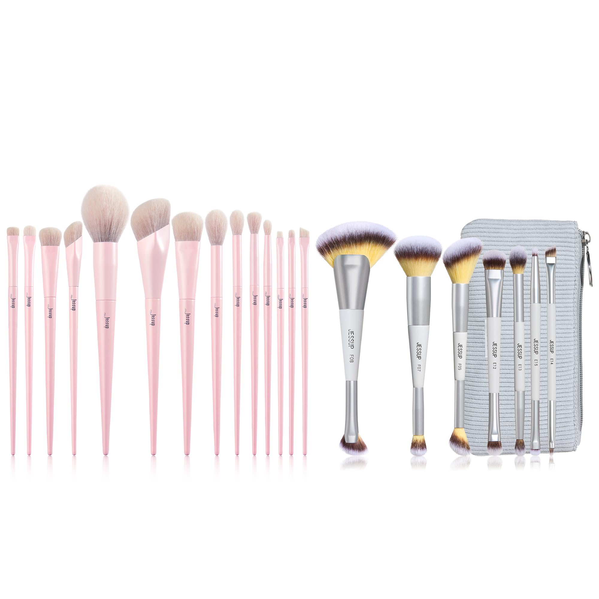 Jessup Pinceaux Maquillages Rose 14 Pcs et Pinceaux Maquillages Double Embout Set de 7 Pinceau Maquillage avec Pochette