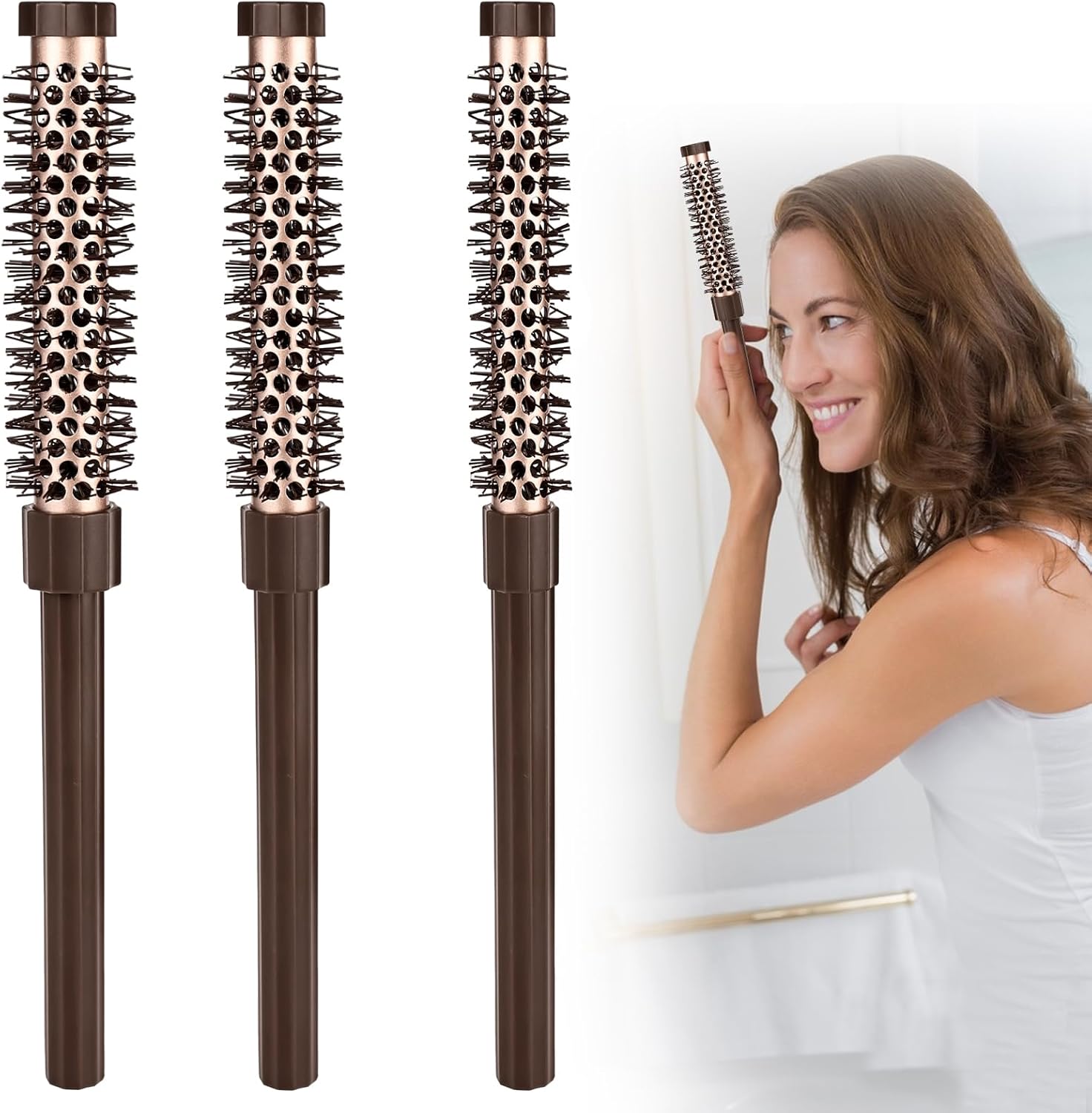 Rzspher 3pcs Round Brush Small Round Blow-Dry Brush with Soft Natural Bristles for Women Men Wet Wavy Hair Lift Short Hair Bangs Straightening Smooth Hair