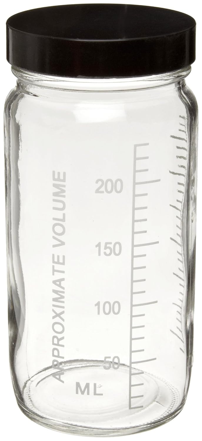 Wheaton W216981 Valumetric Graduated Bottle, Clear Glass, Capacity 8oz With 58-400 Black Phenolic Rubber Lined Screw Cap, Diameter 62mm x 127mm (Case Of 24)