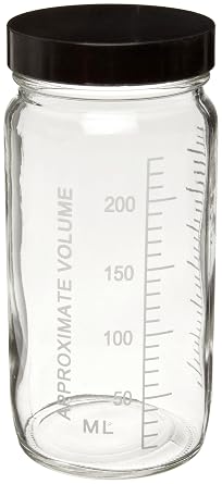 Wheaton W216981 Valumetric Graduated Bottle, Clear Glass, Capacity 8oz With 58-400 Black Phenolic Rubber Lined Screw Cap, Diameter 62mm x 127mm Case Of 24