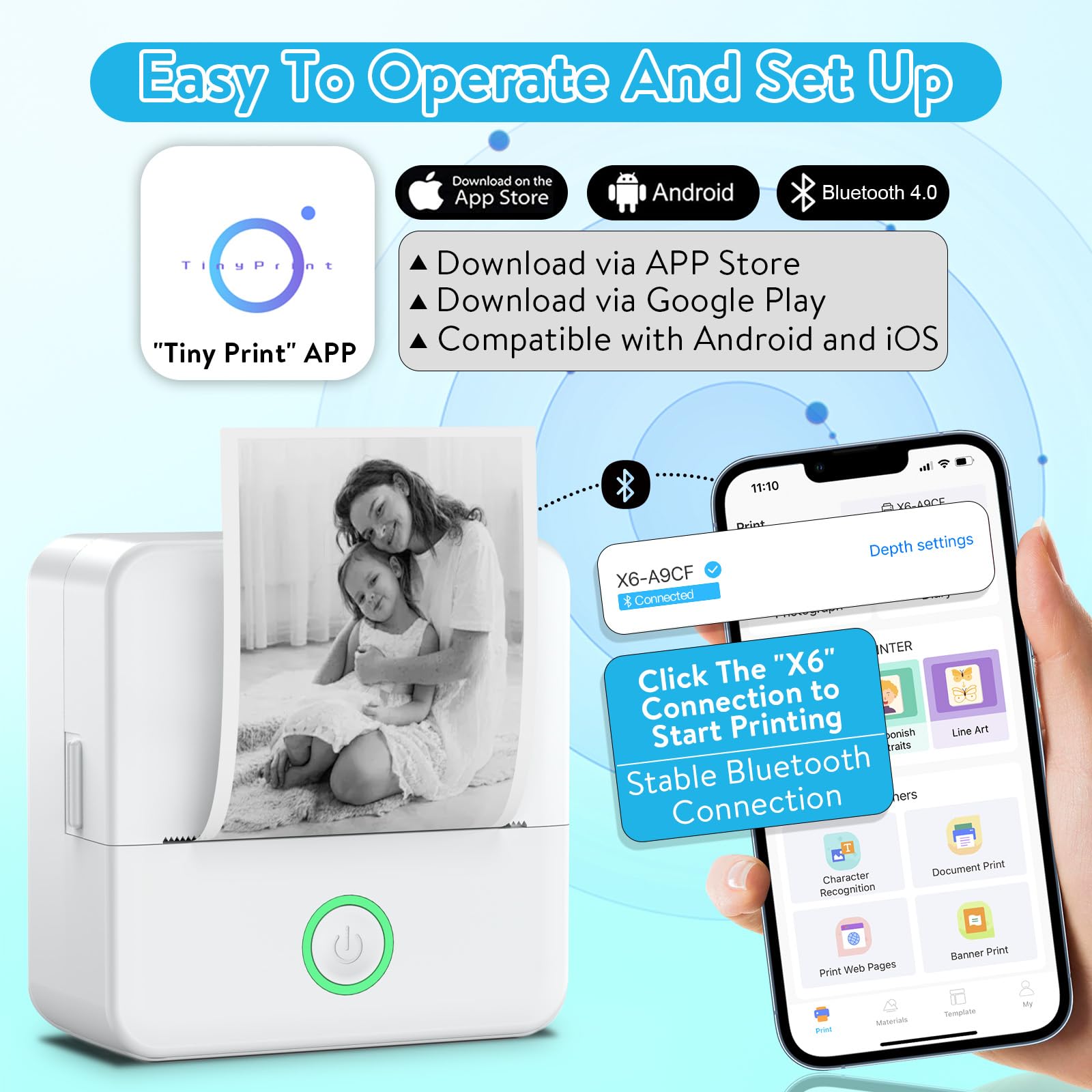 Mini Drucker Wireless Bluetooth Fotodrucker Tragbarer Thermodrucker Smartphone Taschendrucker Kompatibel mit Android & iOS 10 Rollen Papier (White)