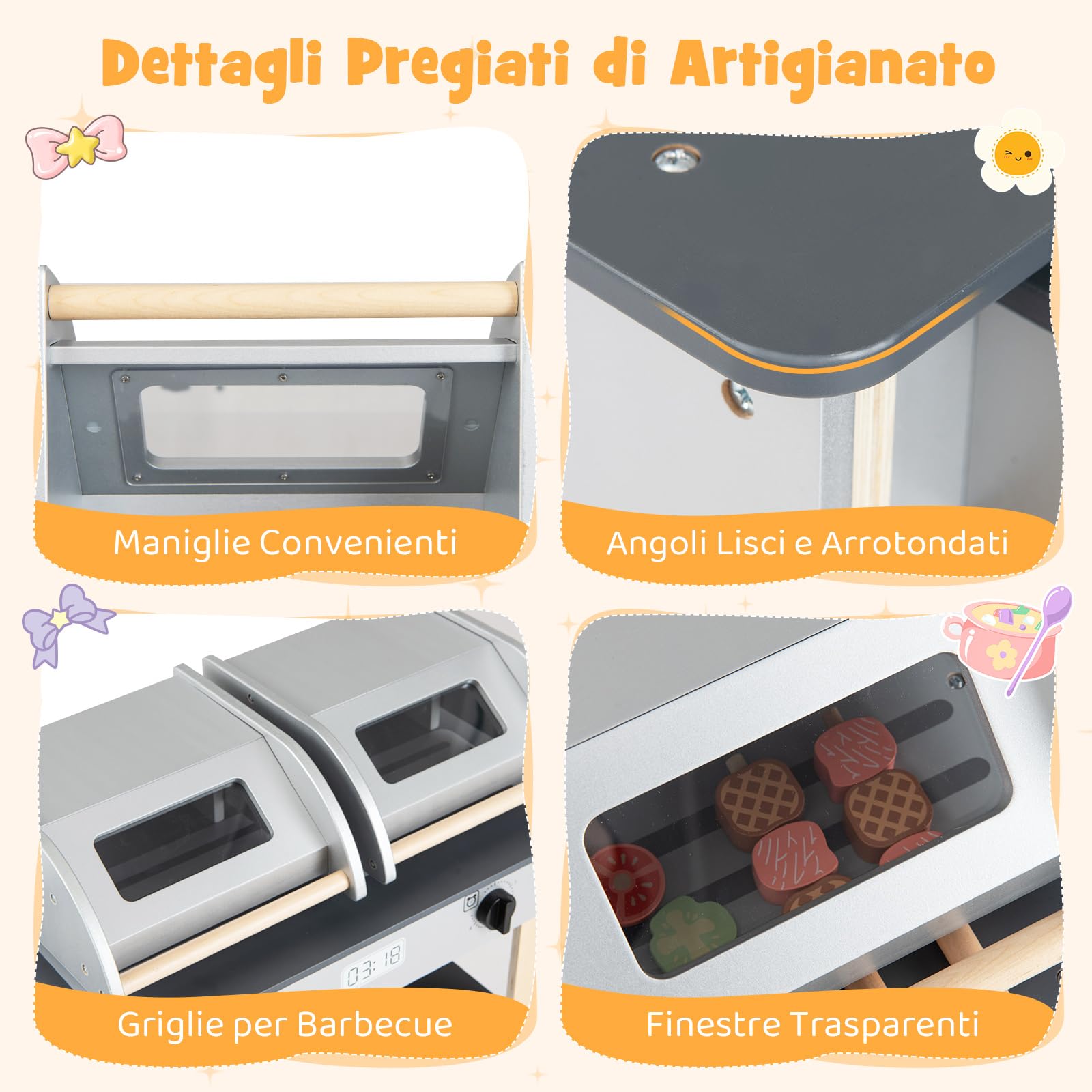 COSTWAY Set di Gioco per Barbecue in Legno per Bambini, Gioco di Griglia per Bambini con 2 Grill, Coperchi Ribaltabili, Ricchi Accessori e Cibi Giocattolo, per Bambini 3+ Anni